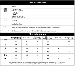 Size chart for women's faux ostrich fur short jacket with precise S to 3XL measurements