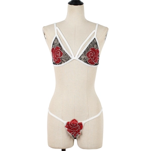 Detail of white lace bra set featuring black floral lace and red rose embroidery accents