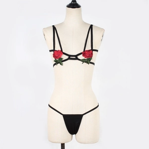 Detailed view of black lingerie set featuring red rose embroidery and cutout bra design
