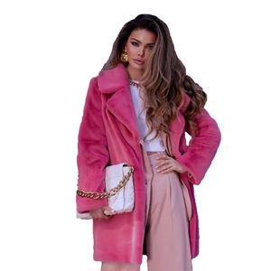 Women's mid-length faux fur coat in vibrant fuchsia with lapels and fluffy texture