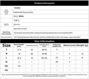 Guide des tailles pour soutien-gorge en dentelle W0696 avec mesures en cm de S à 3XL