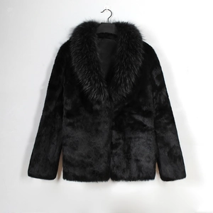Detail of premium black faux fur coat showing plush texture and stylish shawl collar