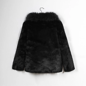 Detail view of the black faux fur texture and shawl collar on the men's winter coat