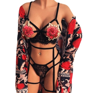 Women Sexy Lingerie Set Floral Embroidery Lace Bra Panty With Matching Robe Nightwear Acrylic Spandex Top And Bottom