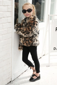 Detail of leopard print faux fur coat for kids featuring soft texture and stylish pattern