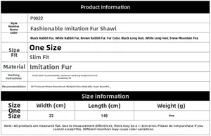 Guide des tailles pour cape en fausse fourrure avec dimensions 148x33cm et entretien
