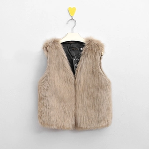 Faux fox fur vest in light brown with sleeveless design and soft long pile texture
