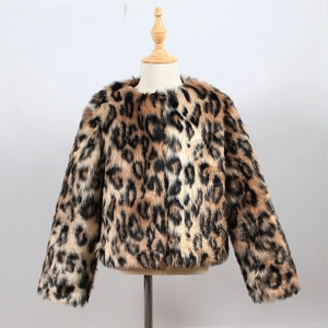 Detail of premium faux fur texture on leopard print short jacket for kids