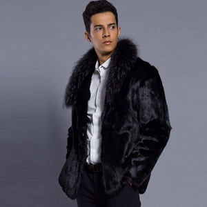 Men's stylish black faux fur winter coat featuring a large shawl collar and plush texture