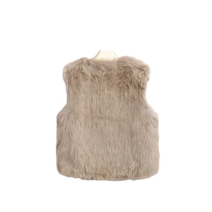 Back view of a fluffy light brown faux fox fur vest for women's autumn and winter wear