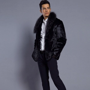 Men's stylish black faux fur coat with shawl collar and warm plush texture for winter