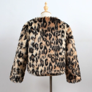 Detailed view of plush leopard print faux fur texture on children's short jacket