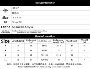 Guía de tallas con medidas para conjunto de lencería negra sexy en S, M, L y XL