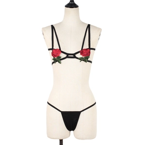 Sexy black lingerie set with vibrant red rose embroidery and harness strap design