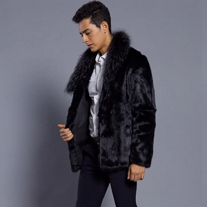 Men's black faux fur coat with shawl collar and glossy texture in a business casual style
