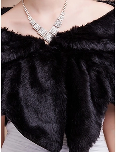 Texture détaillée de l'étole en fausse fourrure noire brillante pour tenue de soirée