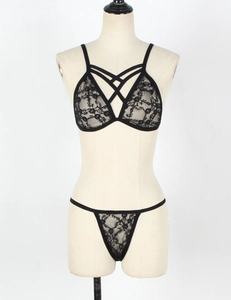 Detail of black floral lace lingerie set with elastic straps on a mannequin