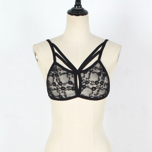 Sexy black floral lace harness bra with elastic multi-strap hollow design for women