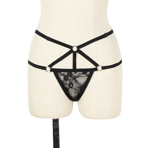 Sexy black lace thong for women featuring intricate geometric elastic strappy harness details