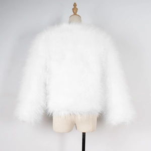 Detail showing plush white faux ostrich feather texture and long fur on the short jacket
