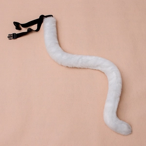 Detail of white faux fur cosplay tail with adjustable black strap and plastic buckle