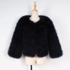 Detail of black fluffy faux ostrich fur jacket showing premium texture and short crop cut