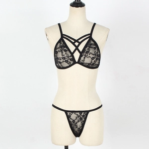 Sexy black lace lingerie set with strappy triangle bra and matching floral thong for women