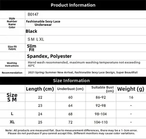 Guía de tallas con medidas para el top de lencería de encaje negro de la talla S a la XL