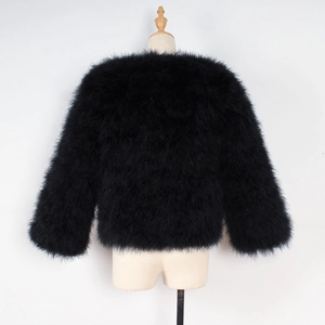 Back view of a black fluffy faux ostrich feather short coat showing luxurious texture