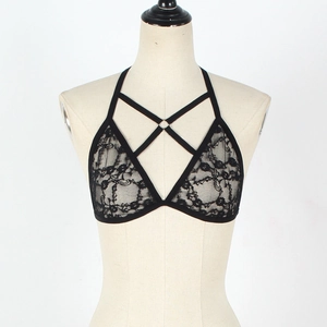 Soutien-gorge dos nu en dentelle noire avec lanières croisées et anneau en métal