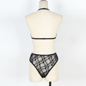 Chic black floral lace lingerie set with halter neck bra and high-waisted panties