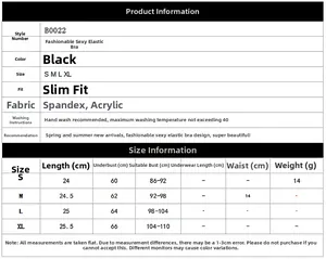 Detailed size chart for sexy black elastic lingerie top with S to XL measurements