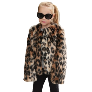 Kids leopard print faux fur coat in brown and black with soft plush texture