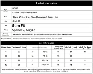 Detailed size chart for sexy lettered elastic underwear set with measurements and materials