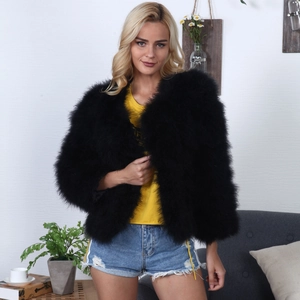 Women Casual Faux Fur Jacket Short Shaggy Ostrich Hair Style Coat Round Neck Long Sleeve Solid Color Warm Outerwear