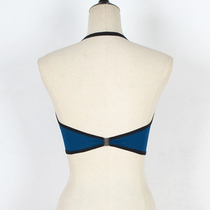 Detail of dark blue tube top with black trim and back metal buckle closure