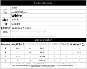Detailed size chart for white lace embroidered lingerie top with measurements in centimeters