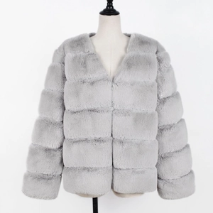 Women's light grey faux fur jacket with stylish square patchwork and warm plush texture