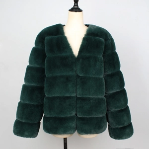 Deep green faux fur plush jacket with horizontal paneling and V-neckline on mannequin