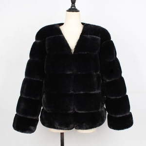 Women's black paneled faux fur jacket with layered fluffy design and collarless V-neckline