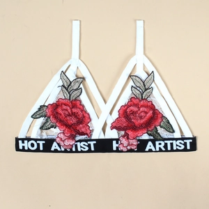 Stylish white lace triangle bra with red rose embroidery and HOT ARTIST elastic band