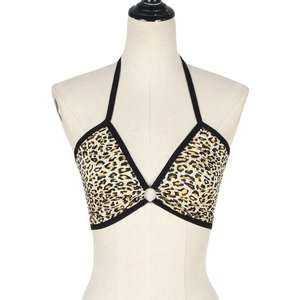 Sexy leopard print halter top with v-neck design and central metal ring detail