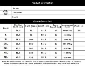 Tableau détaillé des tailles pour cardigan en dentelle noire avec mesures et poids conseillé