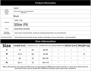 Detailed size chart for lace floral embroidered lingerie with fabric and care specifications