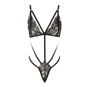 Body chic en dentelle noire avec motifs floraux et design ajouré à lanières élastiques