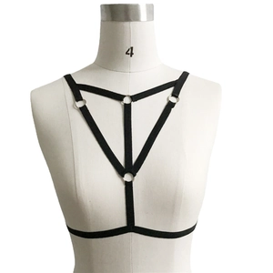 Sexy black elastic harness lingerie top with silver metal rings in punk gothic style