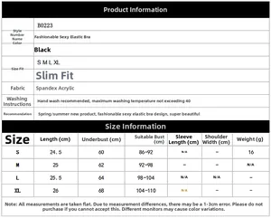Tabella taglie per reggiseno elastico nero con misure S-XL e specifiche del materiale
