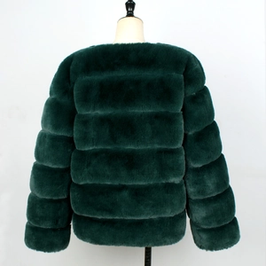 Rear view of dark green faux fur jacket showing plush horizontal layered panels