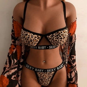 Damen Lingerie-Set mit Leopardenmuster, SEXY BABY Elastikbund und floralem Überwurf