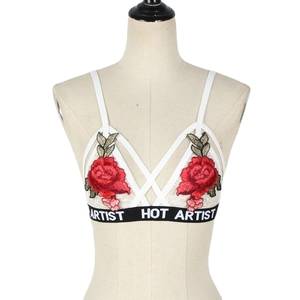 White lace bralette with red rose embroidery and HOT ARTIST lettered elastic band